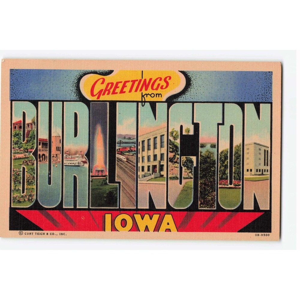Vintage Burlington Iowa Large Letter Linen Postcard Curt Teich OB-H500 VG+